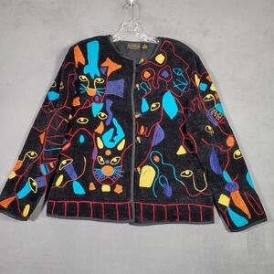 Allure Jacket Womens‎ M Black Multi Animals Cat Embroidery Button Maximal Artsy